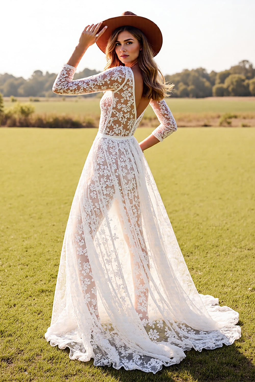 White Lace A Line Boho Wedding Dress with Slit