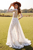 White Lace A Line Boho Wedding Dress with Slit