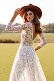 White Lace A Line Boho Wedding Dress with Slit