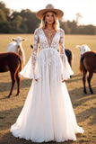White A Line V Neck Western Wedding Dress with Lace