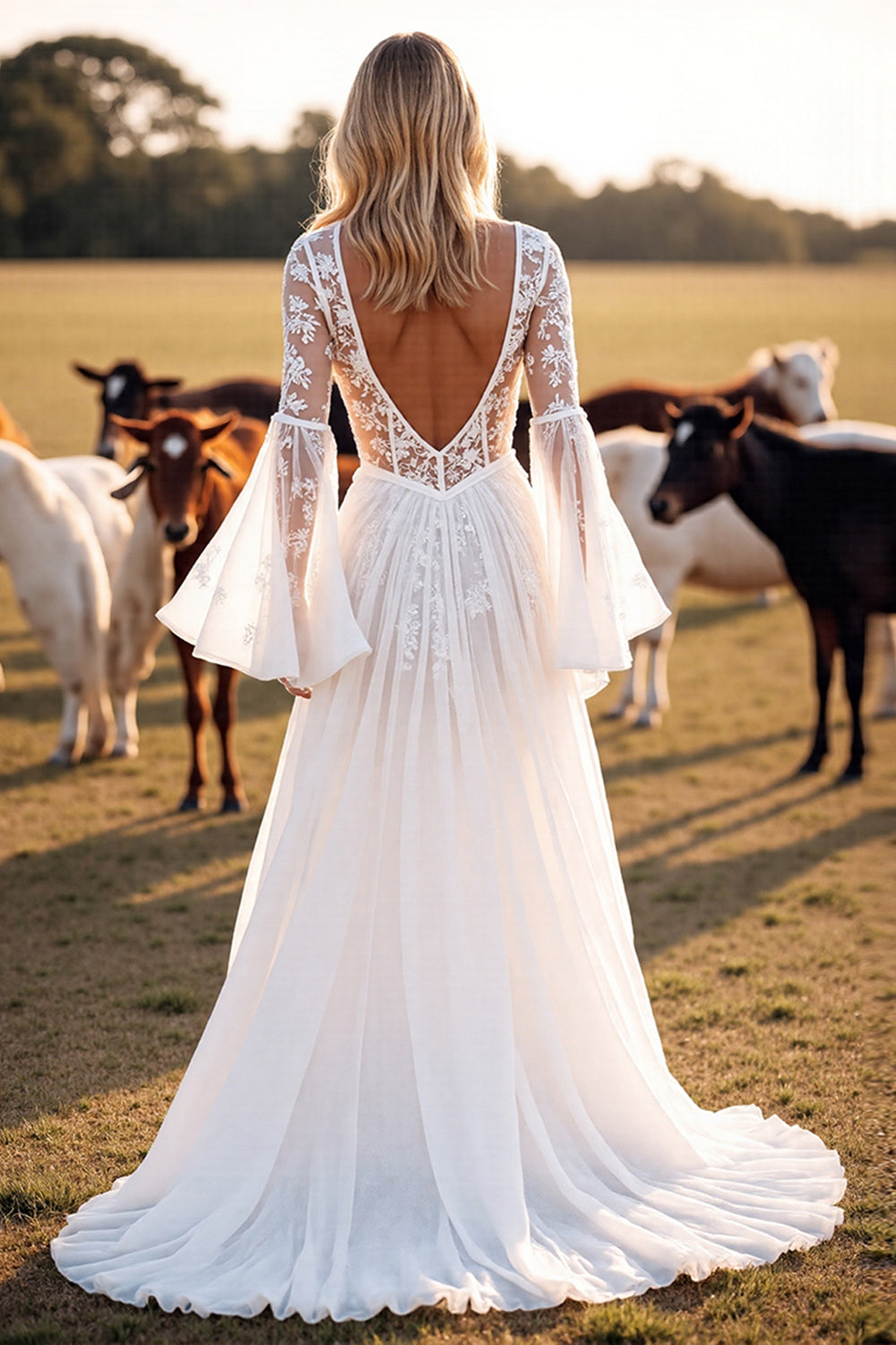 White A Line V Neck Western Wedding Dress with Lace