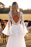 White A Line V Neck Western Wedding Dress with Lace