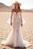 White Mermaid Flare Sleeves Lace Western Wedding Dress