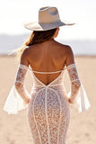 White Mermaid Flare Sleeves Lace Western Wedding Dress