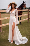 White Lace V Neck Sweep Train Wedding Dress with Slit