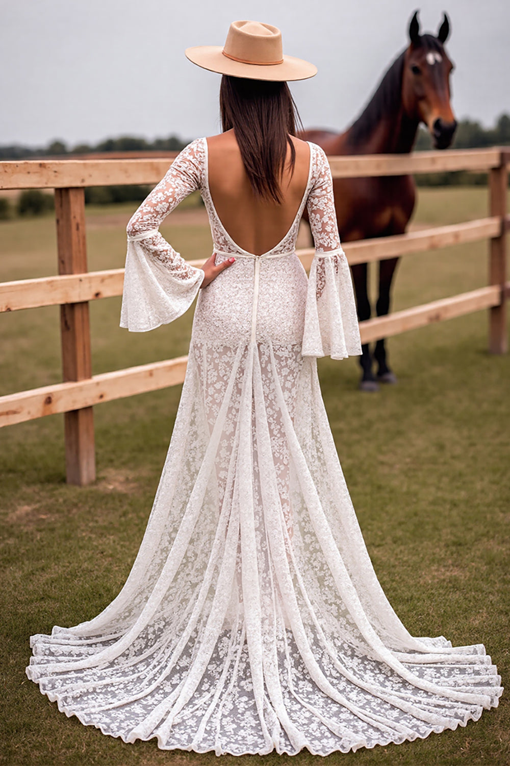 White Lace V Neck Sweep Train Wedding Dress with Slit
