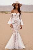 Mermaid White Lace Sweep Train Western Wedding Dress