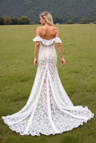 White High Low Lace Western Wedding Dress with Ruffles