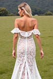 White High Low Lace Western Wedding Dress with Ruffles