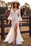 White Mermaid V Neck Lace Western Wedding Dress with Slit