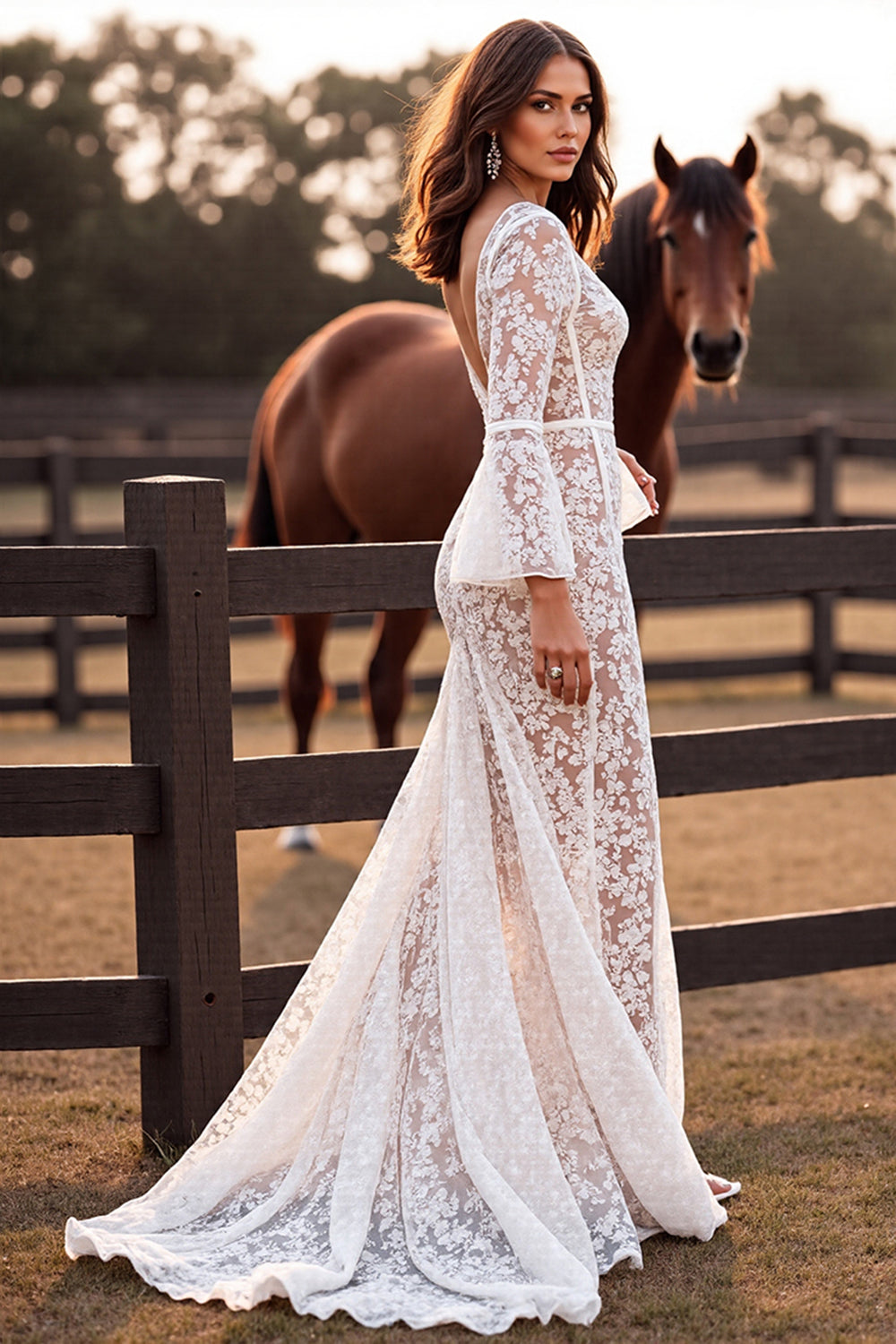 White Mermaid V Neck Lace Western Wedding Dress with Slit