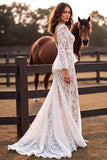 White Mermaid V Neck Lace Western Wedding Dress with Slit