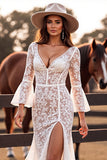 White Mermaid V Neck Lace Western Wedding Dress with Slit