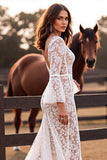 White Mermaid V Neck Lace Western Wedding Dress with Slit