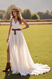 White Chiffon A Line Sweep Train Wedding Dress with Slit