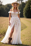 White A Line Lace Western Wedding Dress with Slit