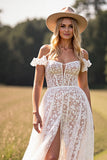 White A Line Lace Western Wedding Dress with Slit