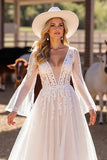 A Line White Deep V Neck Wedding Dress with Lace
