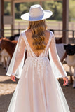 A Line White Deep V Neck Wedding Dress with Lace