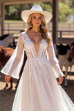 A Line White Deep V Neck Wedding Dress with Lace