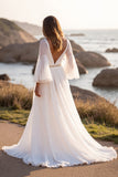 White A Line V Neck Sweep Train Wedding Dress with Slit