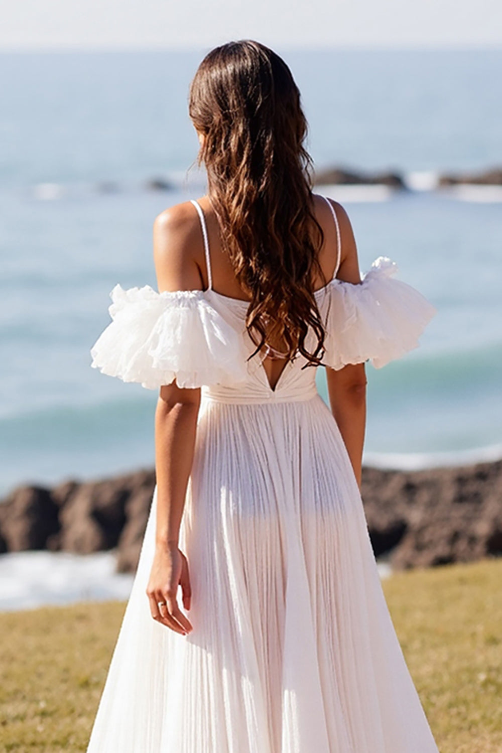 White Spaghetti Straps Sweep Train A Line Wedding Dress