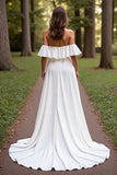 Simple White A Line Sweep Train Wedding Dress with Ruffles