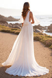 White V Neck Sweep Train Wedding Dress with Ruffles