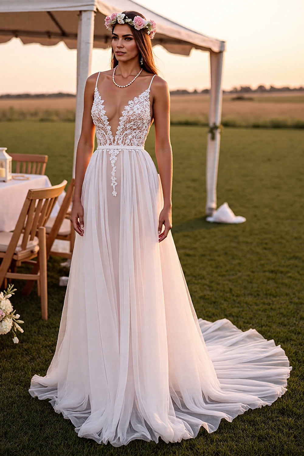 A Line White Spaghetti Straps  Sweep Train Wedding Dress with Lace