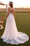 A Line White Spaghetti Straps  Sweep Train Wedding Dress with Lace