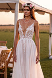 A Line White Spaghetti Straps  Sweep Train Wedding Dress with Lace