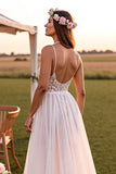 A Line White Spaghetti Straps  Sweep Train Wedding Dress with Lace