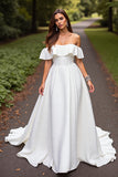 White Satin A Line Sweep Train Wedding Dress with Ruffles