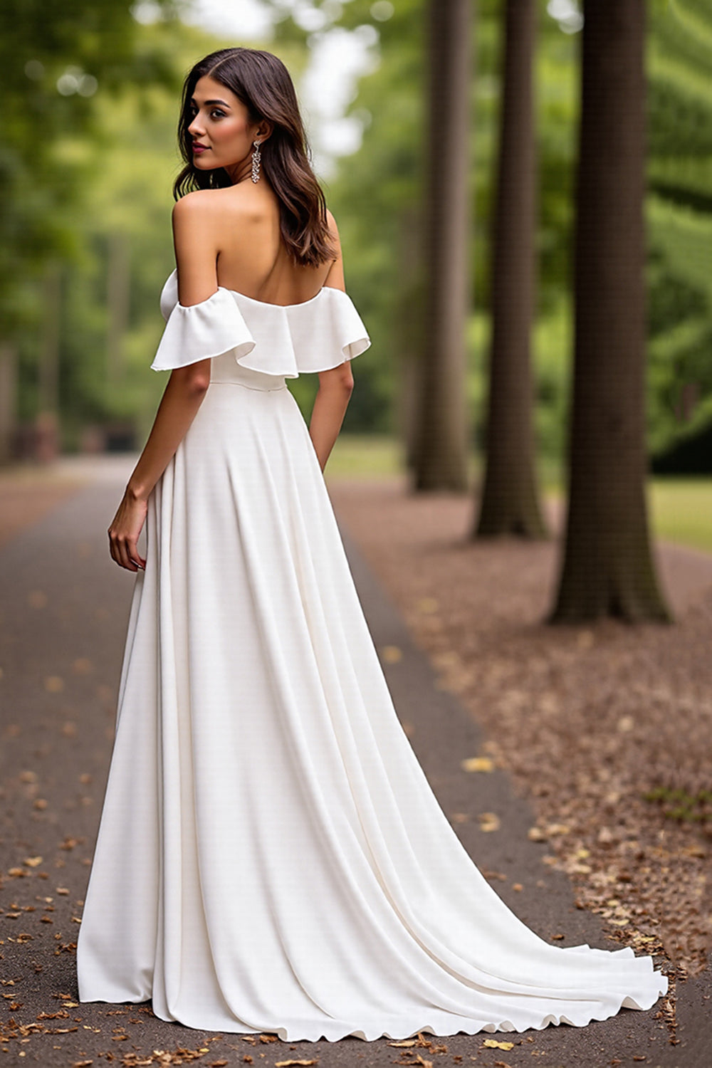 White Satin A Line Sweep Train Wedding Dress with Ruffles