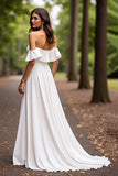 White Satin A Line Sweep Train Wedding Dress with Ruffles