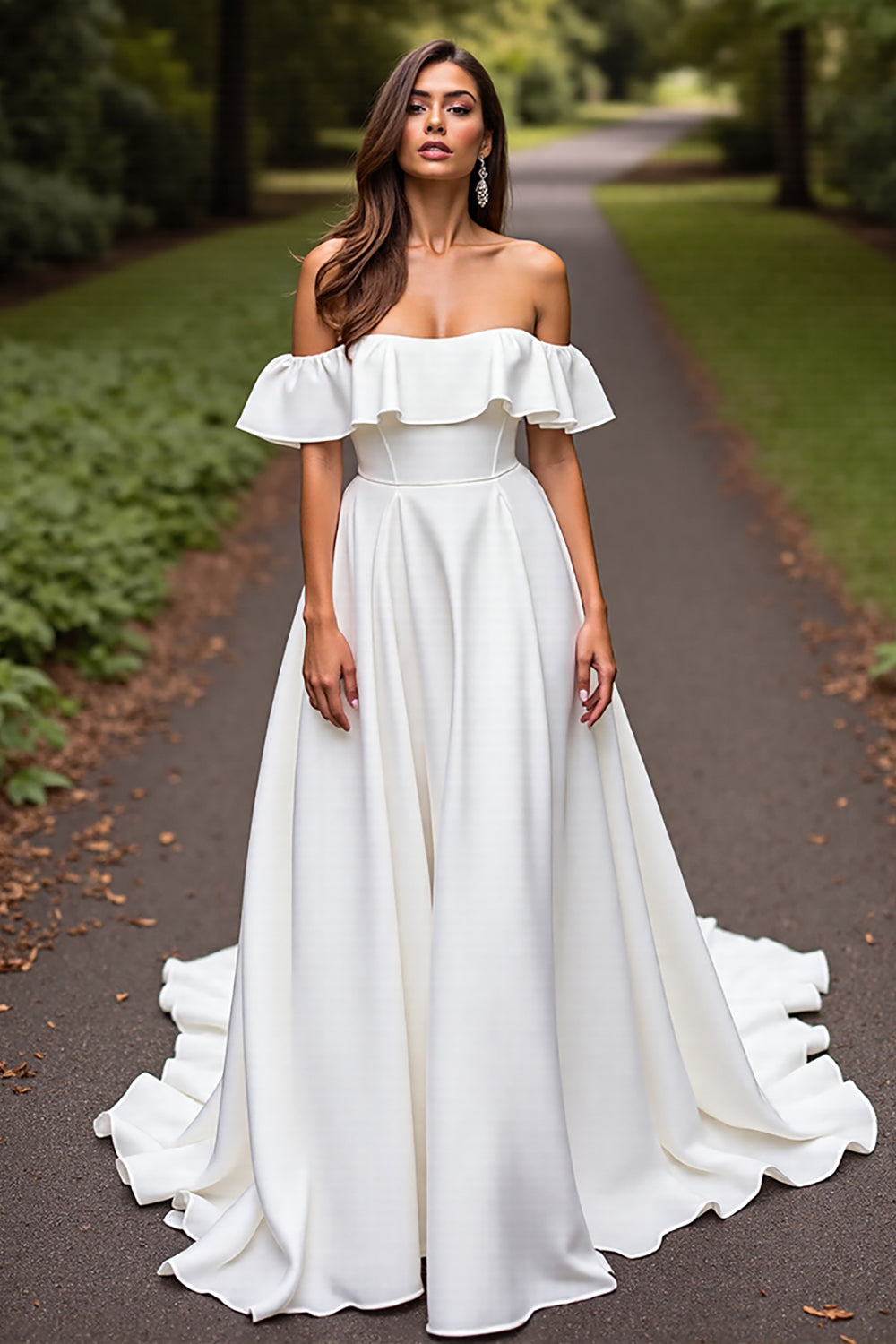 White Satin A Line Sweep Train Wedding Dress with Ruffles