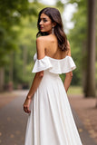 White Satin A Line Sweep Train Wedding Dress with Ruffles