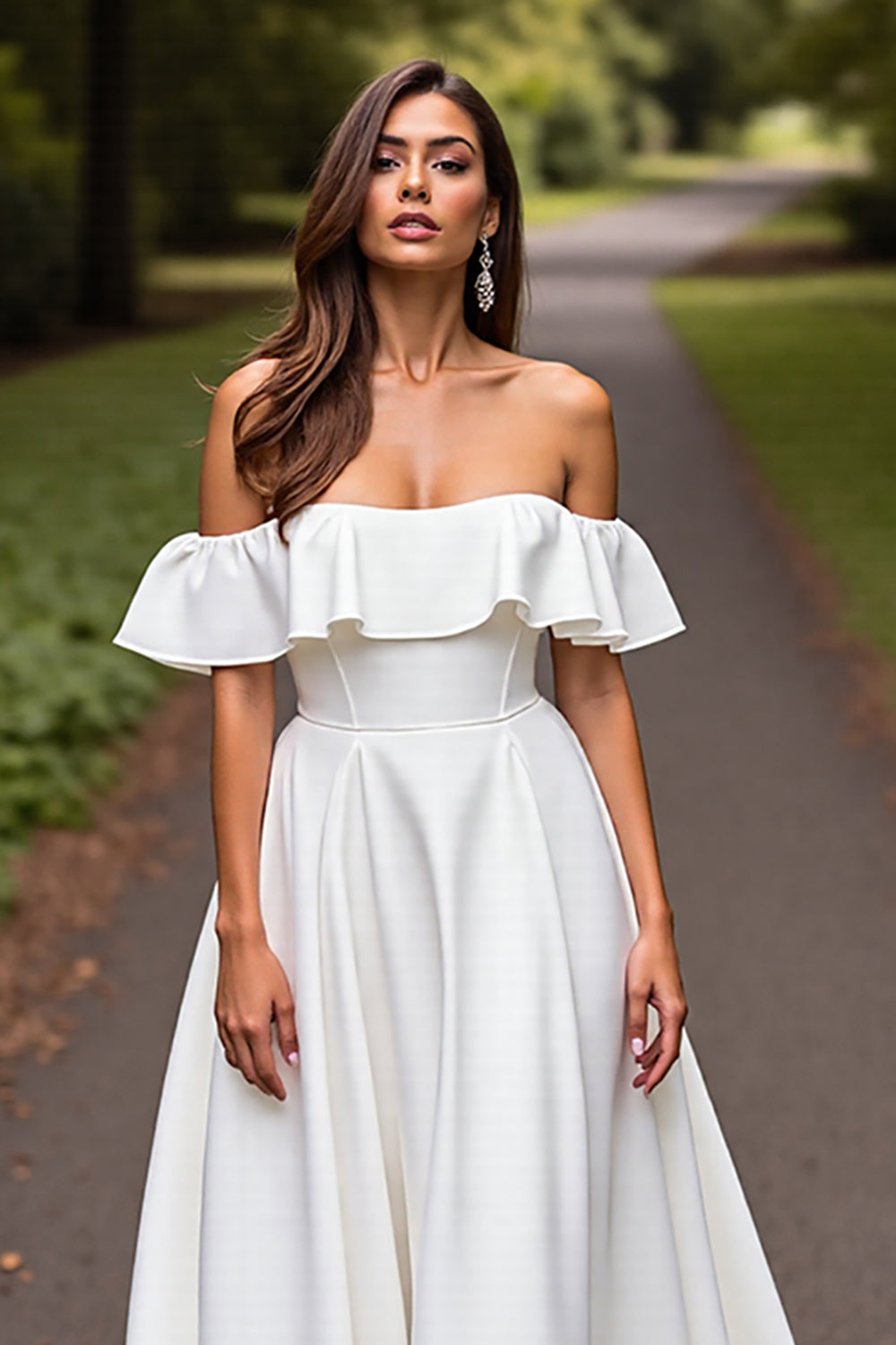 White Satin A Line Sweep Train Wedding Dress with Ruffles