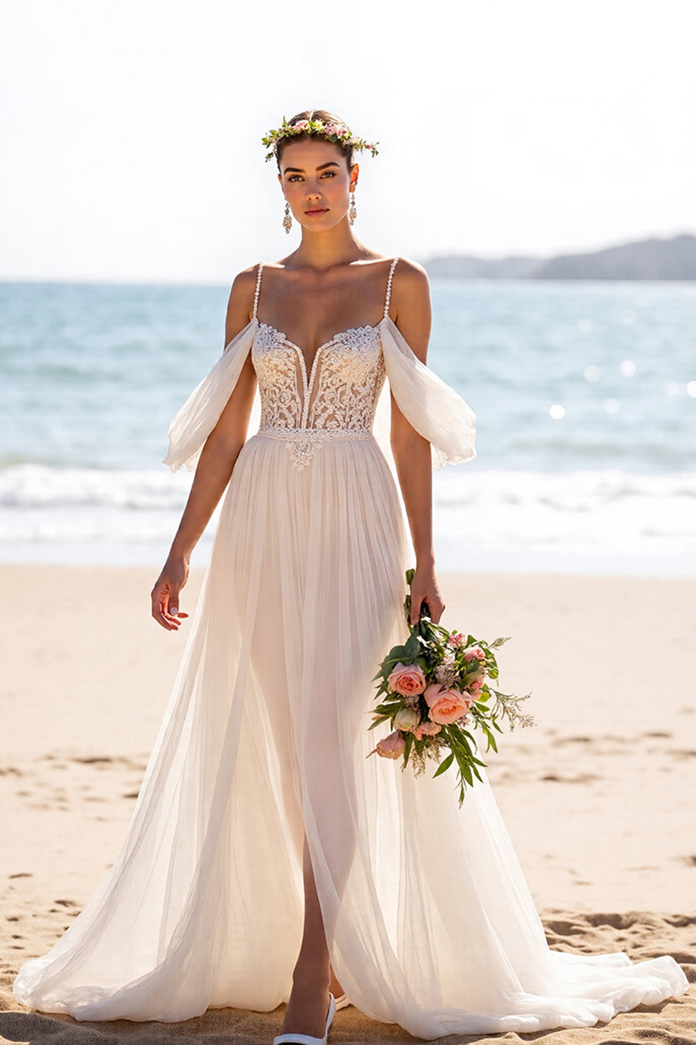 White A Line Backless Sweep Train Beach Wedding Dress