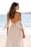 White A Line Backless Sweep Train Beach Wedding Dress