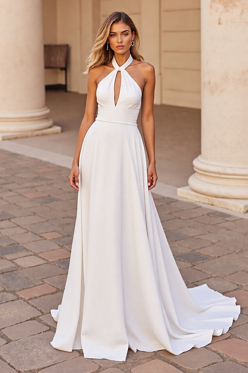 White Halter A Line Keyhole Wedding Dress