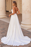 White Halter A Line Keyhole Wedding Dress