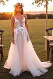 White A Line Sweep Train Boho Wedding Dress with Applique