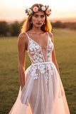 White A Line Sweep Train Boho Wedding Dress with Applique