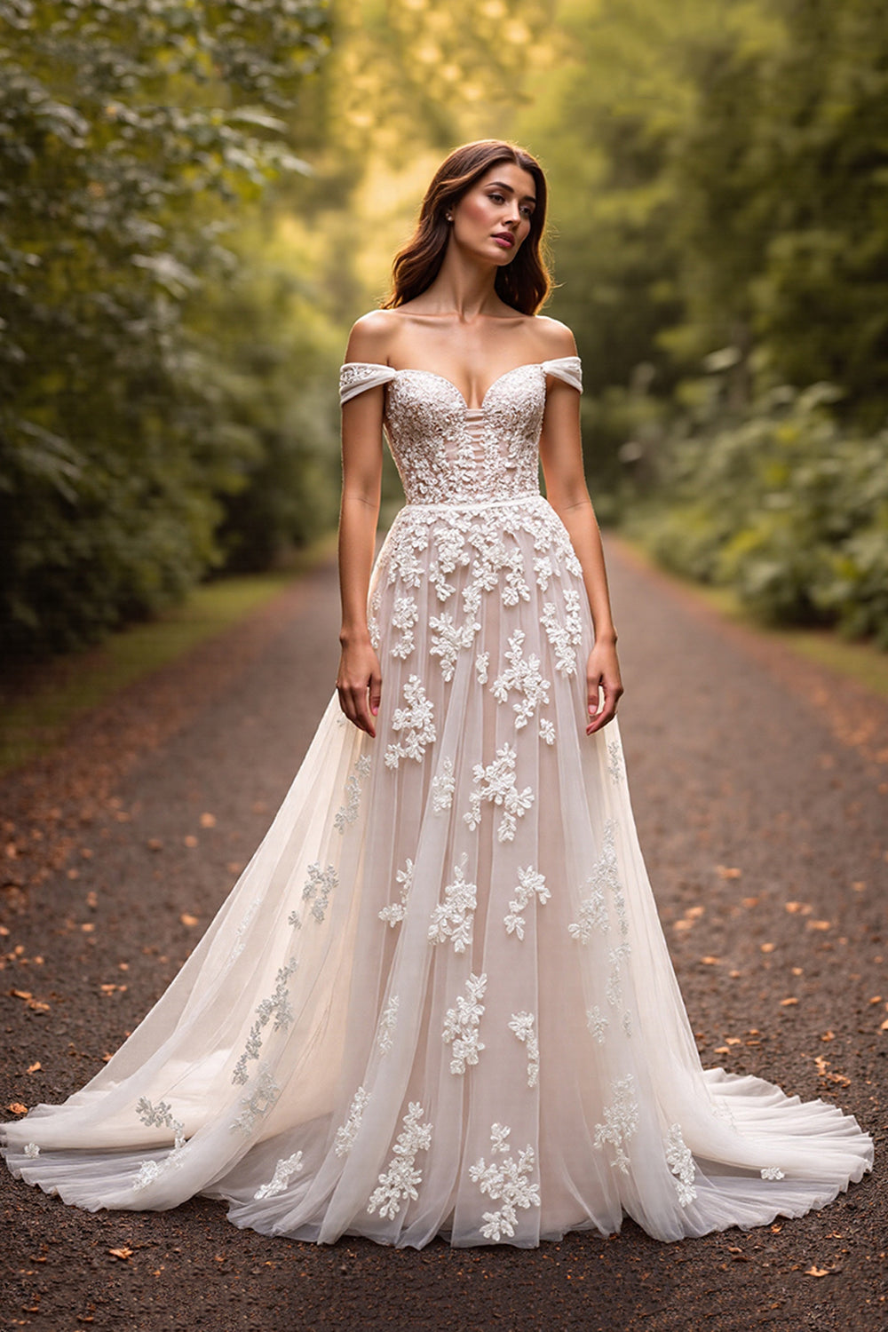 White A Line Off the Shoulder Wedding Dress with Lace
