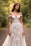 White A Line Off the Shoulder Wedding Dress with Lace