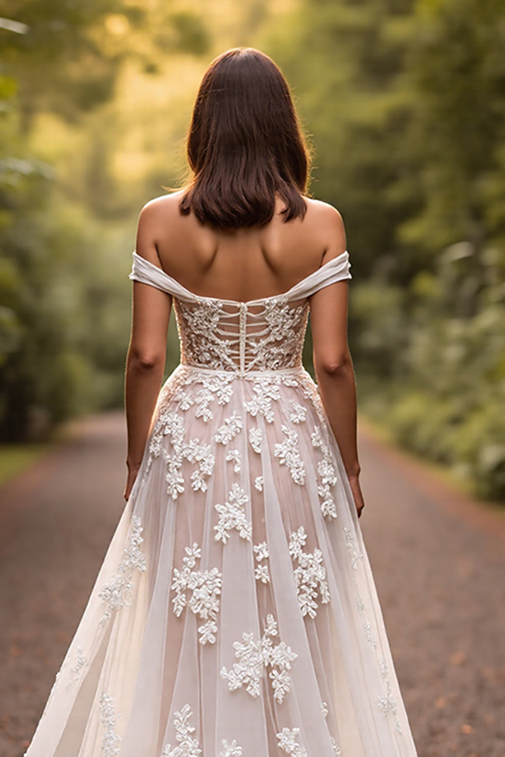 White A Line Off the Shoulder Wedding Dress with Lace