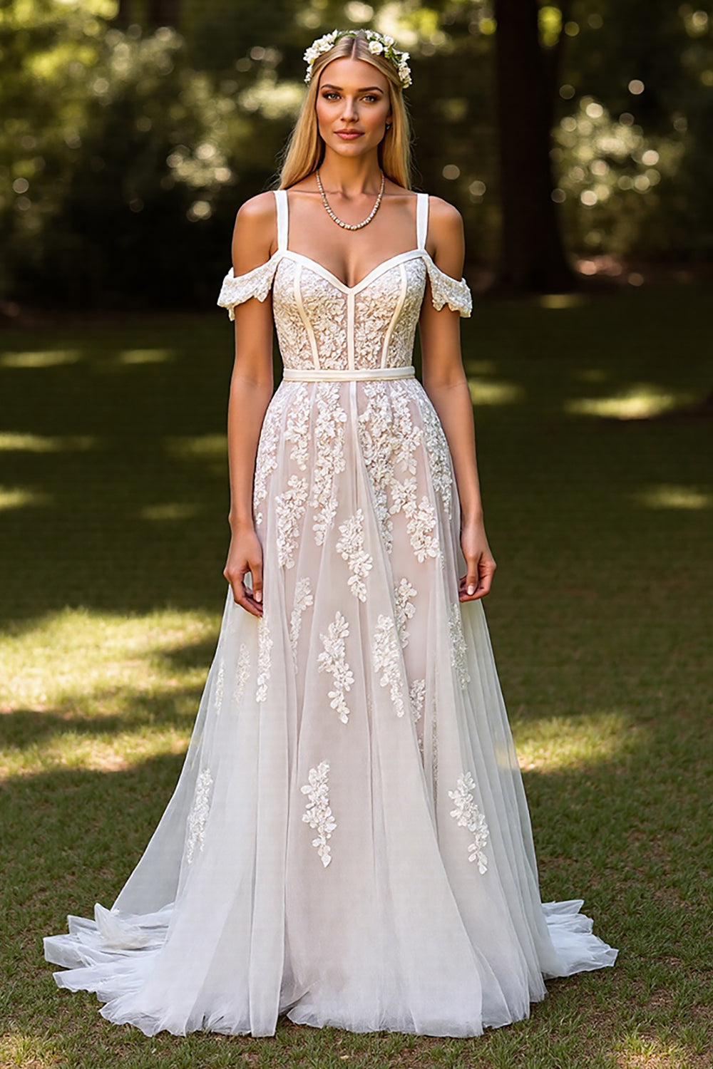White Cold Shoulder Corset A Line Wedding Dress with Lace