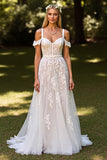 White Cold Shoulder Corset A Line Wedding Dress with Lace