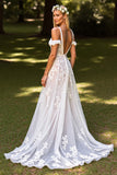 White Cold Shoulder Corset A Line Wedding Dress with Lace